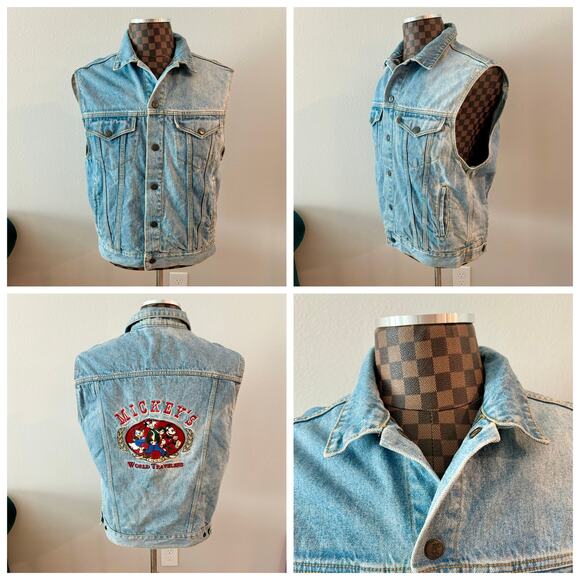 Mickey Mouse Inc World Travelers REVERSIBLE Denim Vest Mens Medium Plaid Vtg 90s - Picture 2 of 13